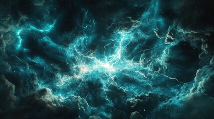 Fototapeta premium A glowing energy storm in space, electric flares and plasma arcs crackling through the dark void, sci-fi and surreal aesthetic