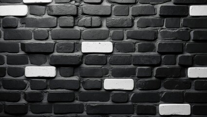 Textured black and white brick wall background with contrasting blocks in a modern design suitable for design and architectural themes.