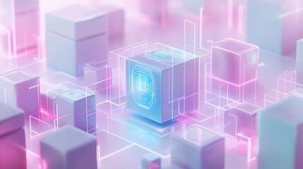 Obraz premium A futuristic digital landscape featuring glowing blocks and intricate circuits in vibrant colors, symbolizing technology and innovation.