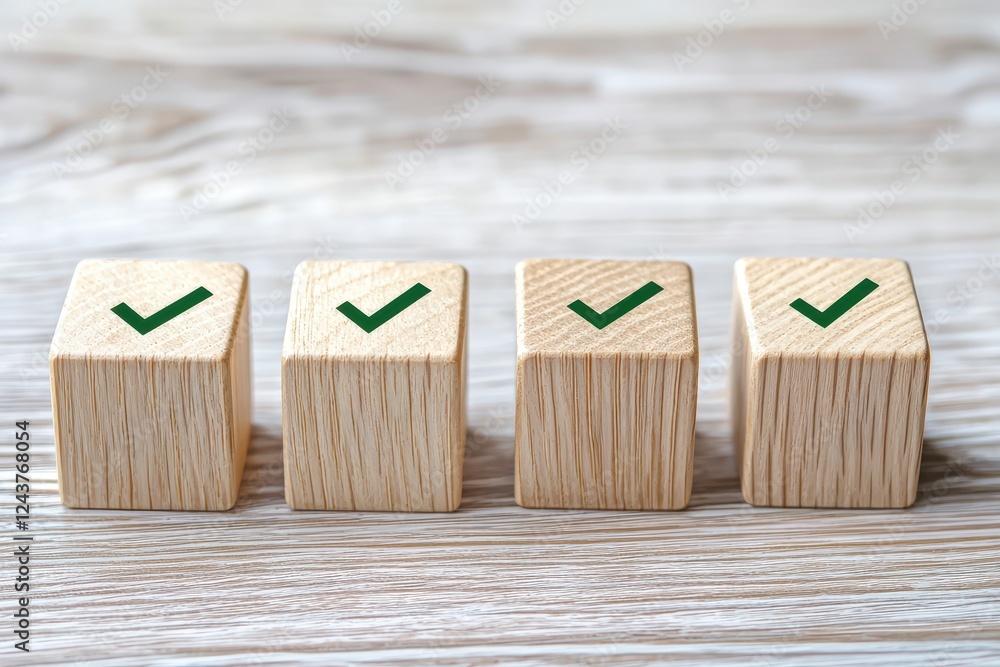 Poster wooden blocks with green check marks displayed in a row on a textured surface.