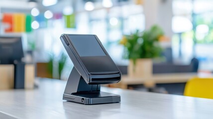 POS terminal on a sleek counter with a blurred background of a modern retail space.