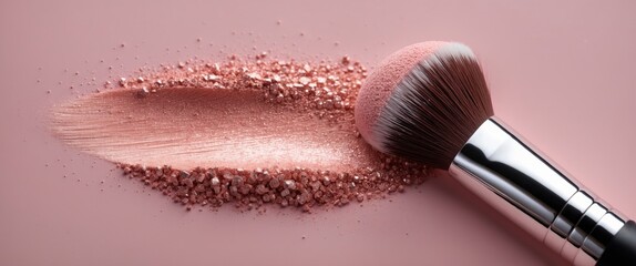 Sleek makeup brush with shimmering powder on soft pink surface showcasing beauty and elegance in cosmetics presentation.