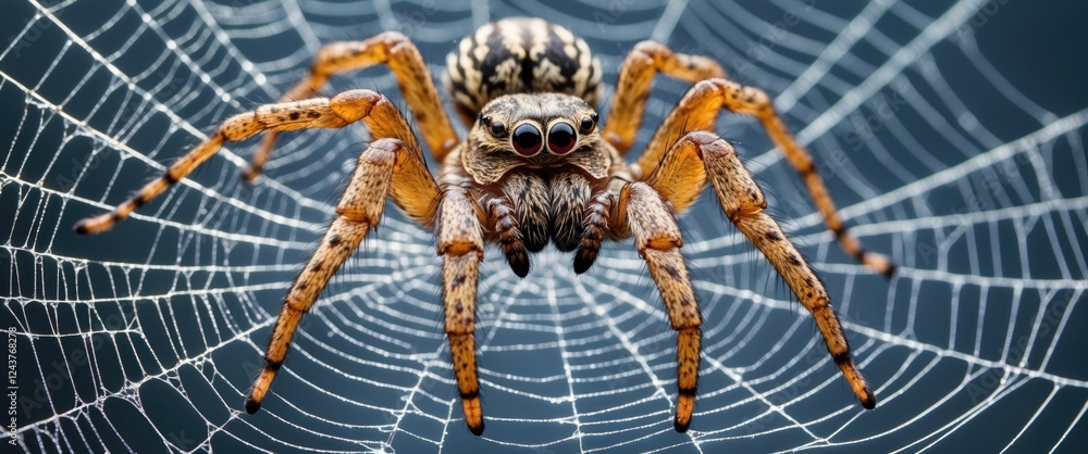 Poster spider nephilinae crafting intricate web against dark background with space for text overlay