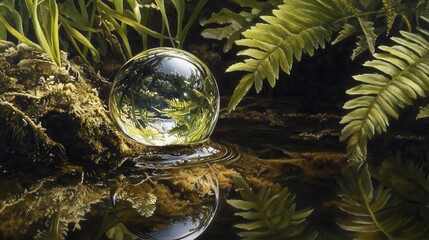 A high-definition close-up of a dewdrop resting on a leaf, reflecting the surrounding greenery, hyperrealistic