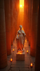 Naklejka premium Statue in Ancient Corridor with Candles at Sunset