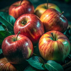 Close-up of a vibrant red apple amongst lush greenery