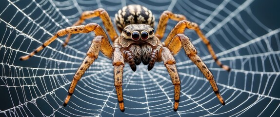 Spider Nephilinae Crafting Intricate Web Against Dark Background with Space for Text Overlay