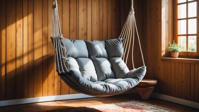 Cozy indoor hammock swing chair against a warm wooden wall creating a relaxing space perfect for leisure and tranquility in home decor.
