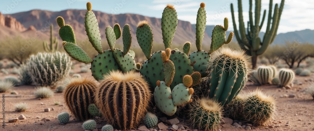Poster diverse cacti group in a desert landscape with empty space for text and dramatic mountain background