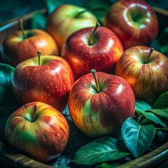 Close-up of a vibrant red apple amongst lush greenery