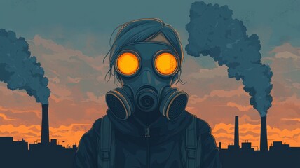 Young Woman in Gas Mask Against Industrial Pollution Sunset