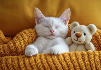 Obraz premium Adorable white kitten asleep with a teddy bear on a cozy yellow blanket, evoking warmth, comfort, and peaceful moments in a home setting