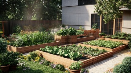 A home garden with fresh leafy greens, wooden garden beds, eco-friendly and sustainable lifestyle concept