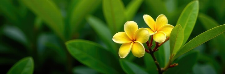 Yellow frangipani flowers in a densely leafed shrub, greenery, frangipani, plant