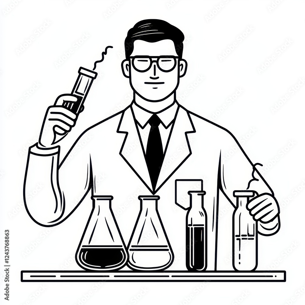 Poster scientist in lab coat conducting experiments with test tubes and flasks