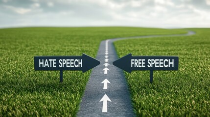 A road splits into two paths labeled "Hate Speech" and "Free Speech," set against a green field and cloudy sky, symbolizing the choice between differing expressions.