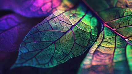 A kaleidoscopic digital pattern inspired by leaf veins, glowing green and purple hues, futuristic yet organic design