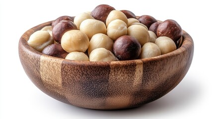 Obraz premium macadamia nuts in a wooden bowl isolated on transparent background