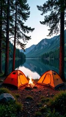 A cozy campsite on the shore of a serene lake surrounded by tall pine trees, a yellow tent set up by a crackling campfire, a wide-angle shot.