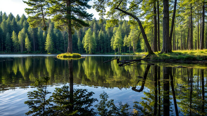 Fototapeta premium A forest lake with crystal clear water that reflects the surrounding trees.