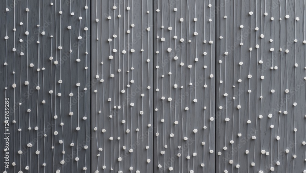 Poster minimalist grey background adorned with silver threads and white beads creating an elegant and textu