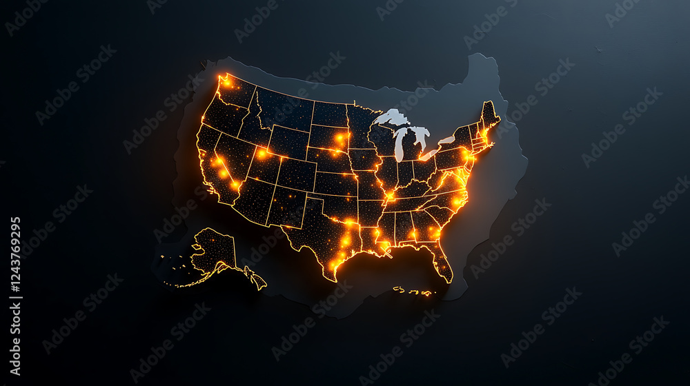 Poster illuminated usa map displaying energy consumption trends digital visualization interactive environme