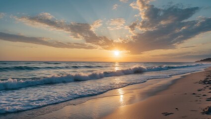 Fototapeta premium Serene Beach Sunset with Waves Embracing Sandy Shore Under a Dramatic Sky Capturing a Perfect Moment of Tranquility and Peacefulness