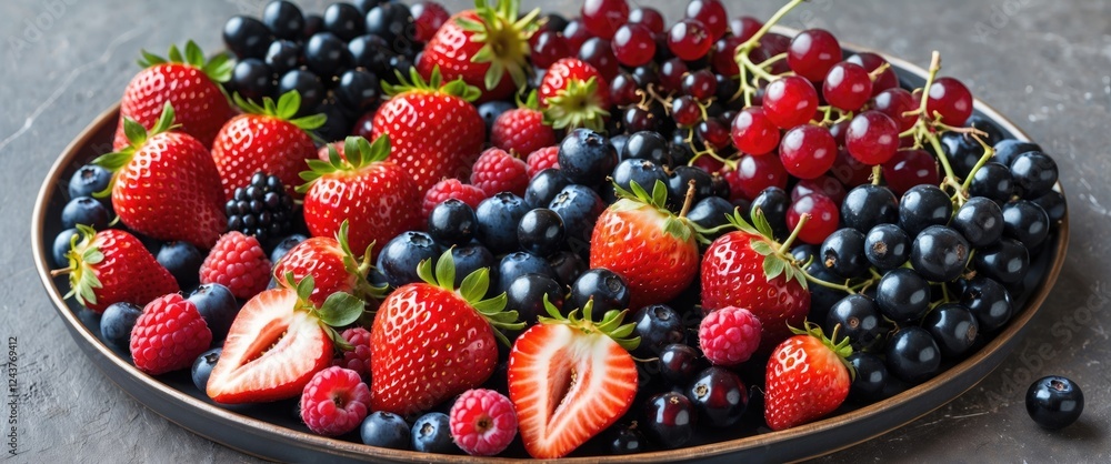 Poster assorted berries platter featuring strawberries black currants raspberries and blueberries with spac