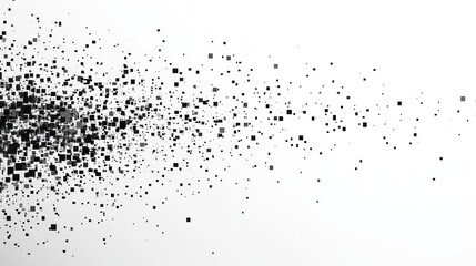 Abstract black square particles dispersing on white background.