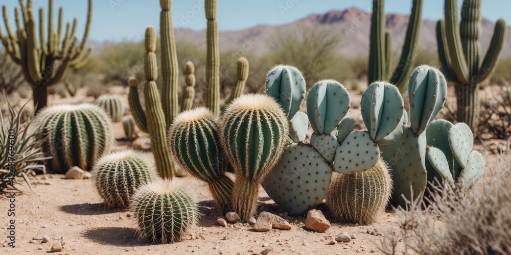 Poster diverse cacti landscape in desert setting featuring various shapes and sizes with empty space for te