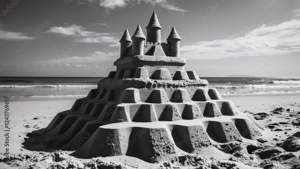 Aufkleber black and white artistic sand castle on beach with expansive empty space for text integration