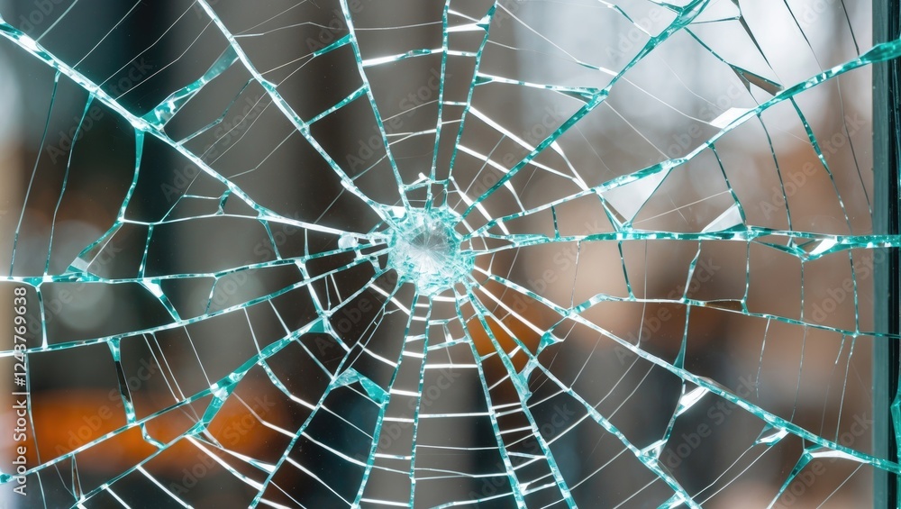Poster close-up image of shattered glass displaying intricate spiderweb-like cracks radiating from a centra