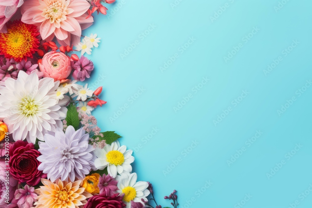 Poster beautiful floral composition creating a vibrant border on a light blue backdrop, offering copy space