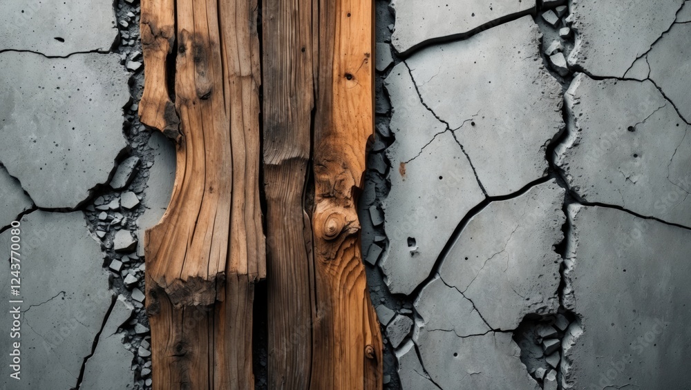 Poster abstract texture of weathered wood panels intersecting with cracked concrete surface for artistic ba