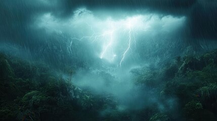 Obraz premium A massive electrical storm over a dense jungle, bright white lightning flashing through thick mist, heavy rain pouring down, raw and untamed nature at its peak