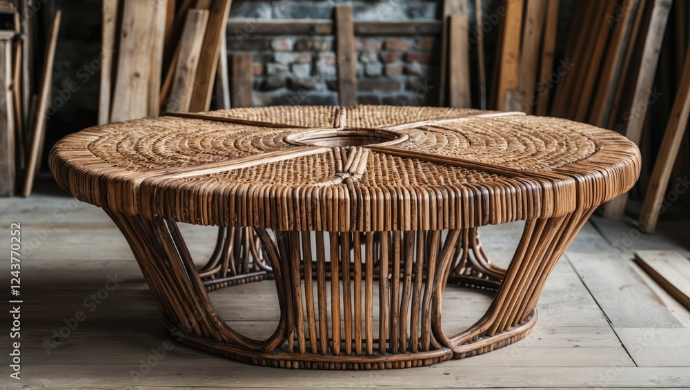Poster woven wooden table with intricate design showcasing craftsmanship in a rustic setting surrounded by 