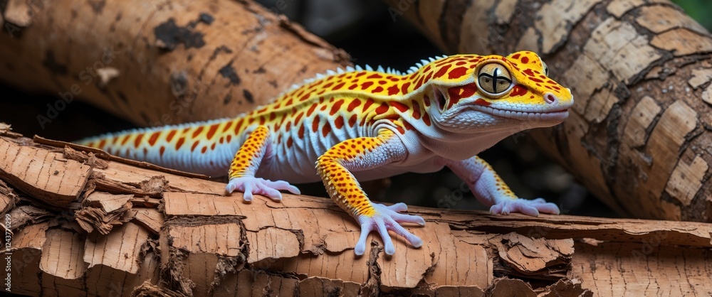 Poster vibrant leopard gecko perched on cork bark showcasing its colorful patterns in a naturalistic habita