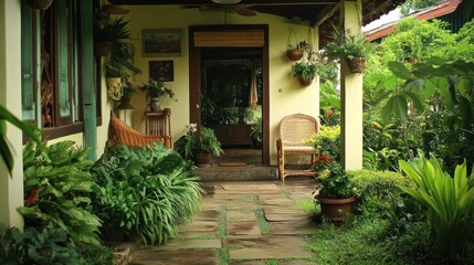 Fototapeta premium Lush tropical garden entrance to a home.