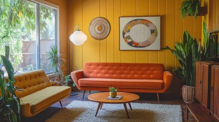 Mid-century living room with orange and yellow furniture.