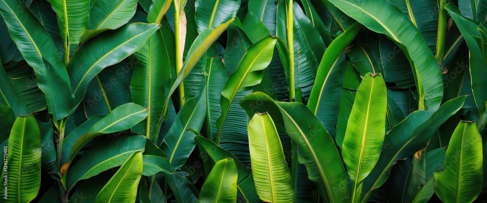 Poster lush green banana leaves texture creating a vibrant and refreshing background ideal for nature theme