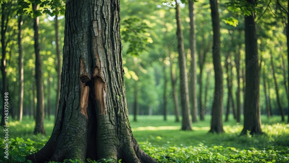 Poster tree trunk in lush green forest with sunlight filtering through leaves and space for text overlay