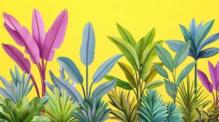 Bright Tropical Leaves Against Vibrant Yellow Background