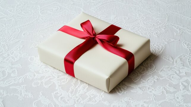 Off white gift box with a red ribbon bow on a lace background. The image evokes feelings of celebration and gifting.