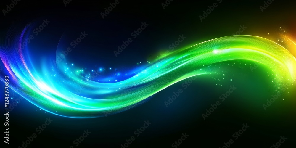 Poster dynamic flowing turquoise and lime green gradient waves on dark gradient, with particles of light,