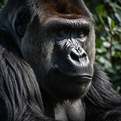 Obraz premium A powerful gorilla sitting and staring intently, its muscular body detailed.