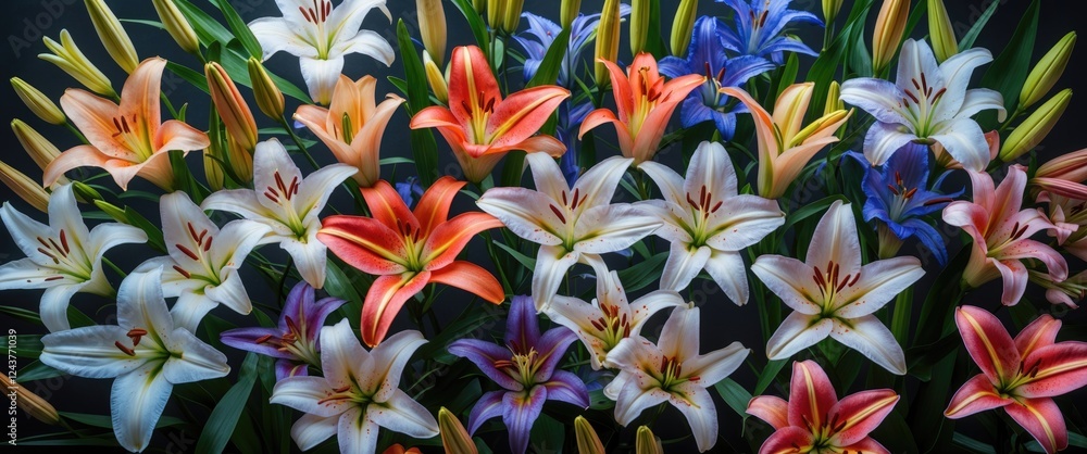 Poster colorful assortment of lily flowers with vibrant petals and space for custom text or branding in a d
