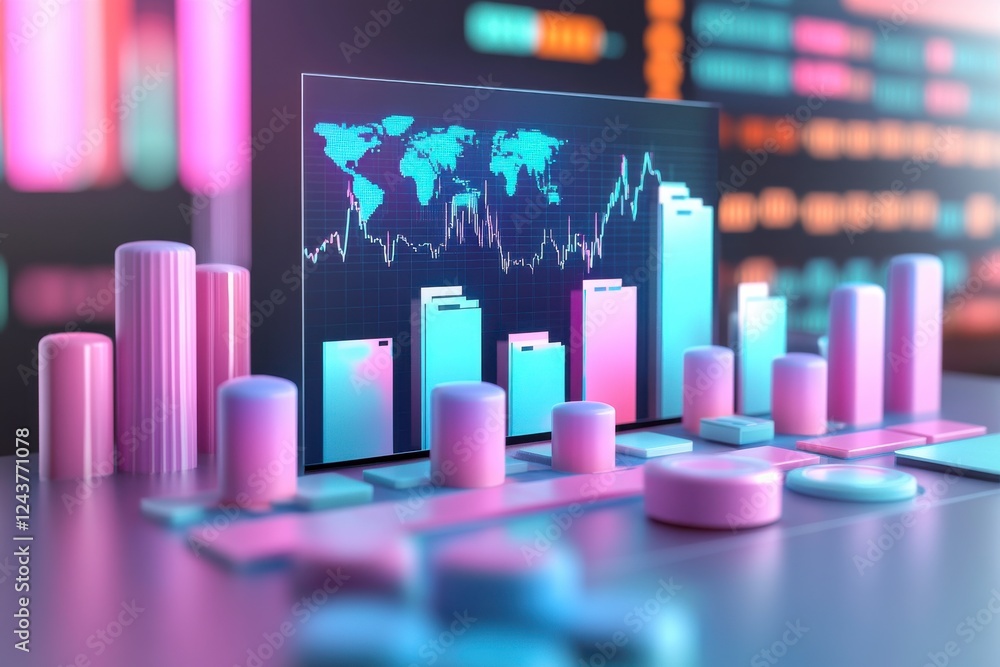 Poster a vibrant digital display showcasing global data trends with colorful bar graphs and charts, illustr