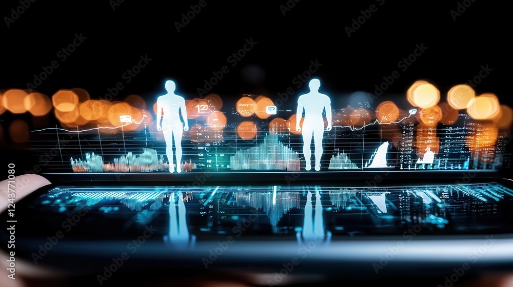 Poster glowing digital figures stand on a smartphone screen against a blurred city night backdrop. data str