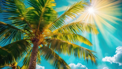 Palm Tree Leaf Glowing in Sunlight with Lush Background and Clear Sky Perfect for Nature Themes and Text Overlay