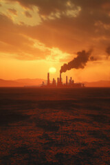 A dramatic wide shot of a lone oil refinery in the middle of a barren wasteland with rising smoke blending into an orange sunset.